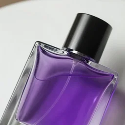close up shot of one premium perfume bottle containing purple liquid, the bottle is placed on a table, the bottle is in the middle of the scene, dust in the background, cinematic lighting!, spotlight, ultra detail, commercial, designer product, cinematic lighting, hd artstation, symmetrical, rendered, 4k