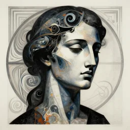 epic concept art. abstract female face silhouette mixing with black and color liquid fluid. abstract sculpture. art deco swirls. masterpiece, michelangelo. concept art, matte painting. sacred geometry. greg rutkowski, wlop, victo ngai, kandinski