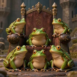 happy frogs at a medieval throne castle, highly detailed, extremely high quality, hd, 4 k, 8 k, professional photographer, 4 0 mp, lifelike, top - rated, award winning, cinematic, realistic, detailed lighting, detailed shadows, sharp, no blur, edited, corrected, trending