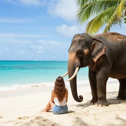 a woman on beach on a tropical island with a beautiful ocean view, sitting next to an elephant