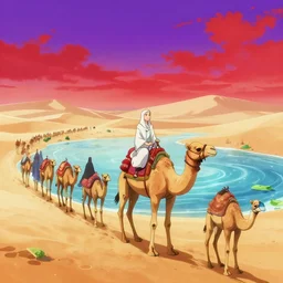 anime muslims journeying across an enchanted isekai desert on camel through a water oasis, heatwaves anime aesthetic, bright purple and red sky