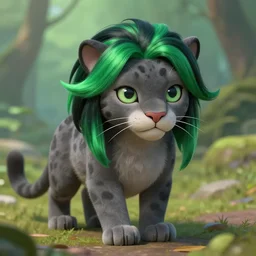 a cute drawing of a grey anthropomorph panther with green and black hair, artstation, hyperrealistic, artistic scene, fantasy