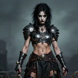 portrait of a muscular goth emo girl wearing armor and holding sword by frank fazetta, fantasy, barbarian