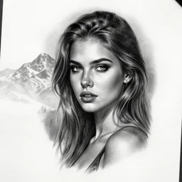 tattoo design sketch of a beautiful girl with, faded mountain background, in the style of den yakovlev, black and white, realism tattoo, hyper realistic, highly detailed