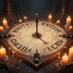 ouija board surrounded with melting candles, fpv, dark fantasy, scifi, volumetric lights, intricate, intense detail, digital painting, artstation, concept art, smooth, soft shading, cinematic, illustration, alien, style of h. r. giger, 3 d 4 k