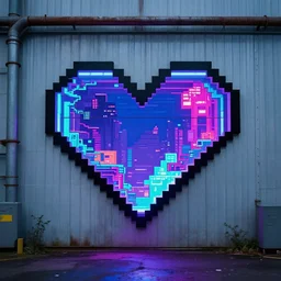 pixel heart shaped portal to a neon colored world, on an industrial exterior