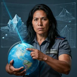 epic portrait of slightly muscular indigenous visionary sheila wattcloutier serious wearing shirt instructor uniform laser pointing globe, blueprint iceberg, detailed, artstation, concept art, donato giancola, joseph christian leyendecker, wlop, boris vallejo, dark eyes, highest resolution, extremely detailed beautiful, establishing shot, artistic, hyperrealistic, beautiful face, enhanced hands, octane render