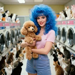 a colourful 1 9 8 2 cinematic movie scene of a woman with ginormous blue hair holding a poodle made out of a ventriloquist dummy, and surrounded by hundreds of cats in a laundromat