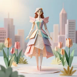 city made out of newpaper, beautiful anthropomorphic paper woman wearing a extravagent pastel origami dress and standing like a high fashion model, origami flowers, origami plants, tulip garden background, heavenly light, 3 d, very detailed, octane render, trending artstation, artgem