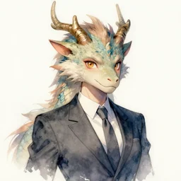 character design portrait of a beatiful anthropomorphic furry dragon girl with dragon horns, wearing a suits, looking at the camera, 4 k, concept art, by wlop, wenjun lin, watercolor, ilya kuvshinov, artgerm, krenz cushart, pixiv.