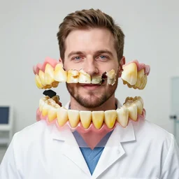dentist portrait of a dentist with large, giant teeth, rotten teeth, yellow, broken, cavities, moldy by Mark Brooks and WLOP