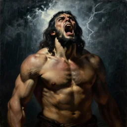 portrait of a muscular neanderthal caveman, oil on canvas, sinister, dark angular natural tones, harsh face, rule of thirds, screaming at sky, spotlight, rain and thunders, by caravaggio, by velazquez, by el greco, by mucha, digital painting