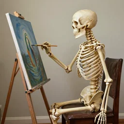 human skeleton sitted and painting a beautiful painting