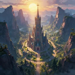 eerie but beautiful ancient dream city Kilion lay between tall obsidian dark mountains, basked in the warm light of the sun, bird\'s eye view, fantasy art, colorful, main cathedral to forgotten kind gods towering over lazy streets, cinematic lighting, enchanted, heroic history, by Filip Hodas, by Thomas Cole, by John Harris