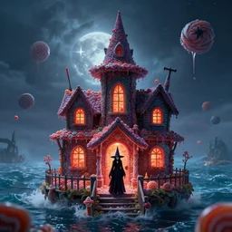 a witches house made out of candy floating on the ocean, a scary witch standing on the front, epic scene, fantasy, cinematic, redshift render, cgi, hyper - detailed, photo - bash, 8 k post - production, masterpiece