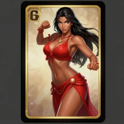 full body portrait of alluring belly dancer, dark skin, red boleto attire, black tied hair, eyelashes, blue eyes, fight, high fantasy, dnd, extremely detailed, smooth, sharp focus, digital illustration, by rossdraws, frank franzzeta, sakimichan, collectible card art