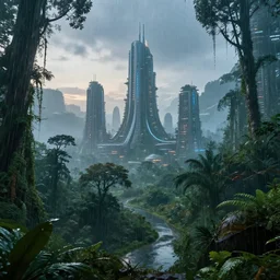 beautiful cinematic rainforest city of the future, rain, dusk, trending artstation, ambient light,