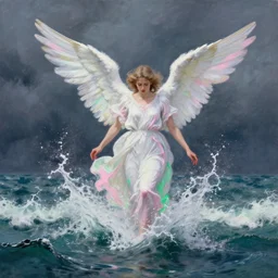 an angel dressed in white pink and green splashes upwards from a turbulent stormy ocean. huge splash of water. beautiful painting by artgerm and greg rutkowski