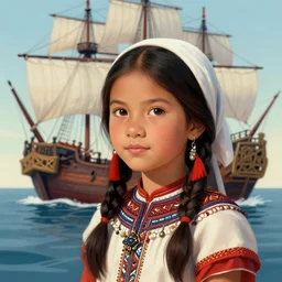 depiction of a cute native american girl with the mayflower in the background, illustration by mandy jurgens and william adolphe bouguereau, artgerm, 4 k, digital art, surreal, highly detailed, artstation, digital painting, concept art, smooth, sharp focus, illustration by mandy jurgens and william adolphe bouguereau