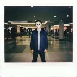 jason voorhees lost in an empty mall after hours, eighties polaroid, flash photography