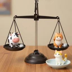 set of balance scales with weights, weighing pixar cow figurine and pixar cat figurine in dish