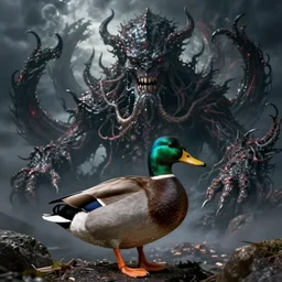 mallard duck as lovecraftian cthulhu monster, dark and ominous digital art