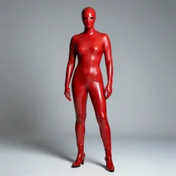 m. rajoy dressed in red latex, full body professional photography