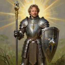 an ultradetailed portrait of robin williams dressed as a fantasy holy paladin, carrying a large tower shield, d & d, fantasy, intricate, elegant, highly detailed, digital painting, matte, sharp focus, illustration, plate armor, god rays, grassy field in the background, art by john collier and albert aublet and krenz cushart and artem demura and alphonse mucha