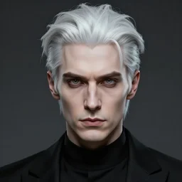 portrait of 4 0 - year - old man with white hair with a pale complexion, pointed face and grey eyes, clear smooth face, no beard, wearing all black clothes, haughty facial expression, hyper detailed, digital art, trending in artstation, cinematic lighting, studio quality, smooth render, octane rendered, concept art, sharp focus, art by artgerm and greg rutkowski and wlop