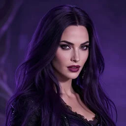 an insanely detailed portrait of a beautiful witch that looks like megan fox with long dark purple hair in the style of peter mohrbacher, artgerm, dramatic lighting and composition, octane render, trending on artstation, concept art 8 k