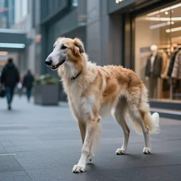 man - headed borzoi on the streets of a futuristic city, walking on the streets and going to the store. a dog with a human face and a long fur.