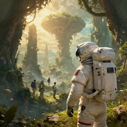 A astronaut gazing upon an amazing alien forest landscape, digital art, breathtaking, golden ratio, extremely detailed, establishing shot, hyperrealistic, cinematic lighting, particles, unreal engine, simon stålenhag, rendered by Beeple, Makoto Shinkai, syd meade, simon stålenhag, Ruan Jia, Kentaro Miura, environment concept, artstation, octane render, 8K UHD image