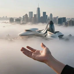 arm reaching out of thick fog, vast city in background, smooth architecture, organic, sophisticated, zdzislaw beksinski, architecture of frank lloyd wright, zaha hadid, norman foster