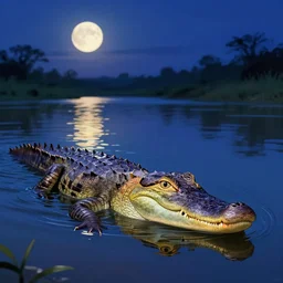 curious indian gharial swimming in the river at night with moonlight in the background reflecting off the river water, digital art, artstation, colorful