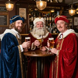 the three wise men in period regal clothing in a wetherspoons pub having a pint