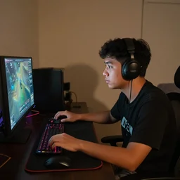 a young Phillipine man in his mid-20s playing DOTA 2 in his bedroom, dimly lit, cozy atmosphere