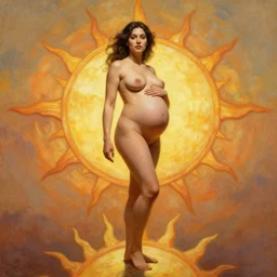 Motherly fertility, full body, warm lighting, textured skin, high cheekbones, woman, standing on top of a illustrated Sun by Frank Frazetta, by Artgerm