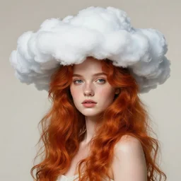 Beautiful and playful ethereal ginger portrait, art nouveau, fantasy, with a hat made of clouds , elegant, highly detailed, sharp focus, art by Artgerm and Greg Rutkowski and WLOP