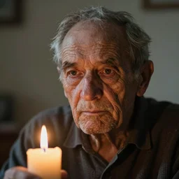 a close up portrait of one solitary old underweight scruffy man frozen, full colour, hyper realistic photo, candle light, shallow depth of field, upscale, 8 k, masterpiece,