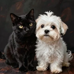 a black cat and a maltese dog taking a selfie