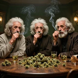 jesus, einstein and darwin are sitting on a table alone, smoking weed, drunk, in the afterlife, wholesome, octane render, hyperdetailed, beautiful, art, by greg rutkowski, artstation