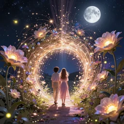 sparkling cosmic flower tunnel, radiant light, fireflies, moonlight, celestial scenery, volumetric lighting, ferdinand knab, alena aenami, artstation