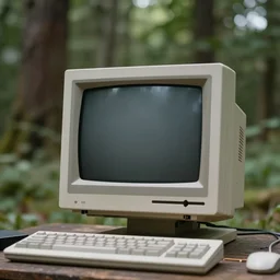 a close up of a retro computer screen sitting in middle of the woods