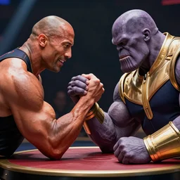 Dwayne Johnson and Thanos in an arm wrestling match, Realistic, Hyperrealistic, 4k Resolution, 8k Resolution, Detailed, Very Detailed, Highly Detailed, Dramatic Lighting, Studio Quality Lighting, Dramatic Angle