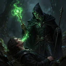 necromancer with magic wand stealing soul from the victim, green lights, darken background, fantasy, focus lighting, sharp focus, digital painting, artstation