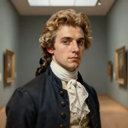 museum painting, wide - shot, photo of very handsome young yves saint - laurent in the age of 1 7, light golden brown hair, dressed in 1 8 th century clothes, laces, sharp focus, highly detailed, digital art, oil painting, masterpiece, artgerm, rutkowski, mucha, kinkade