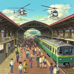 A crowded old train station, in which instead of trains there are helicopters, by Dice Tsutsumi, Makoto Shinkai, Studio Ghibli
