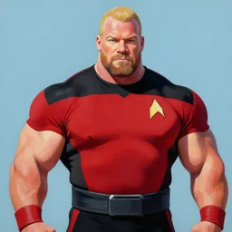 portrait painting of highly muscular power lifter jean luc picard, patrick stuart, red and black starfleet uniform, medium shot, organic painting, sunny day, matte painting, bold shapes, hard edges, by ruan jia, greg rutkowski, gaston bussiere