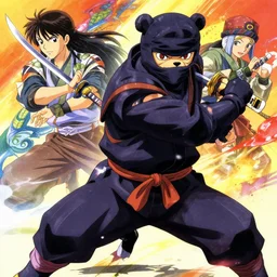 key anime visuals rendering of a bear dressed as a ninja fighting with a katana. colorful design. higly detailed, intricate, greg rutkowski, directed by makoto shinkai, anime manga style, trending on art station.
