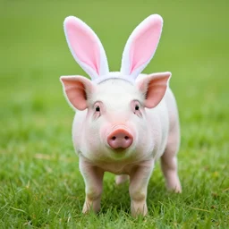 a beautiful photograph of a piglet with bunny ears standing on grass